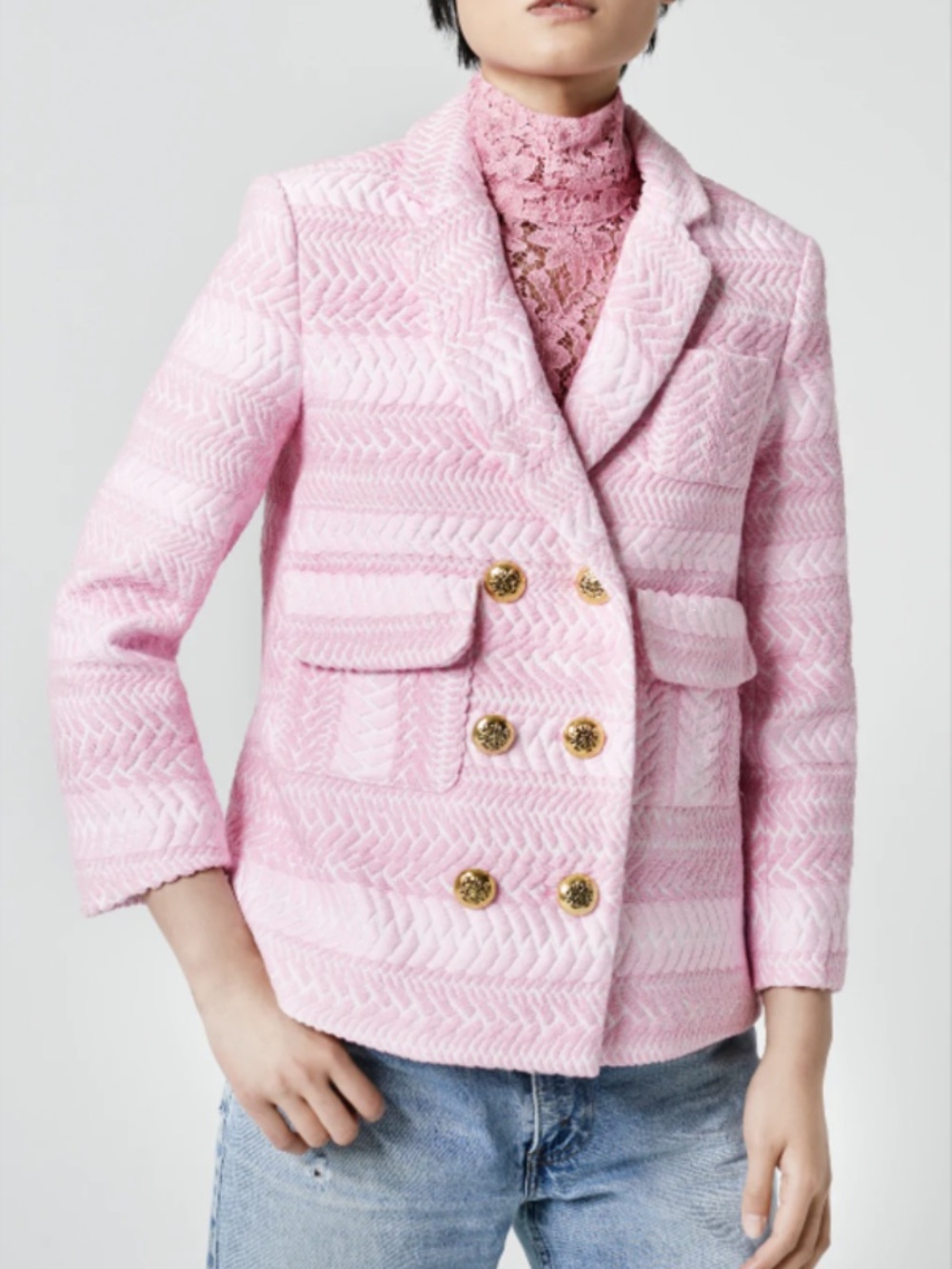 Smythe Pink Textured Double-Breasted Blazer with Gold Buttons